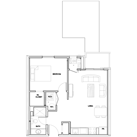 A floor plan of a house with a bedroom, living room, and bathroom.